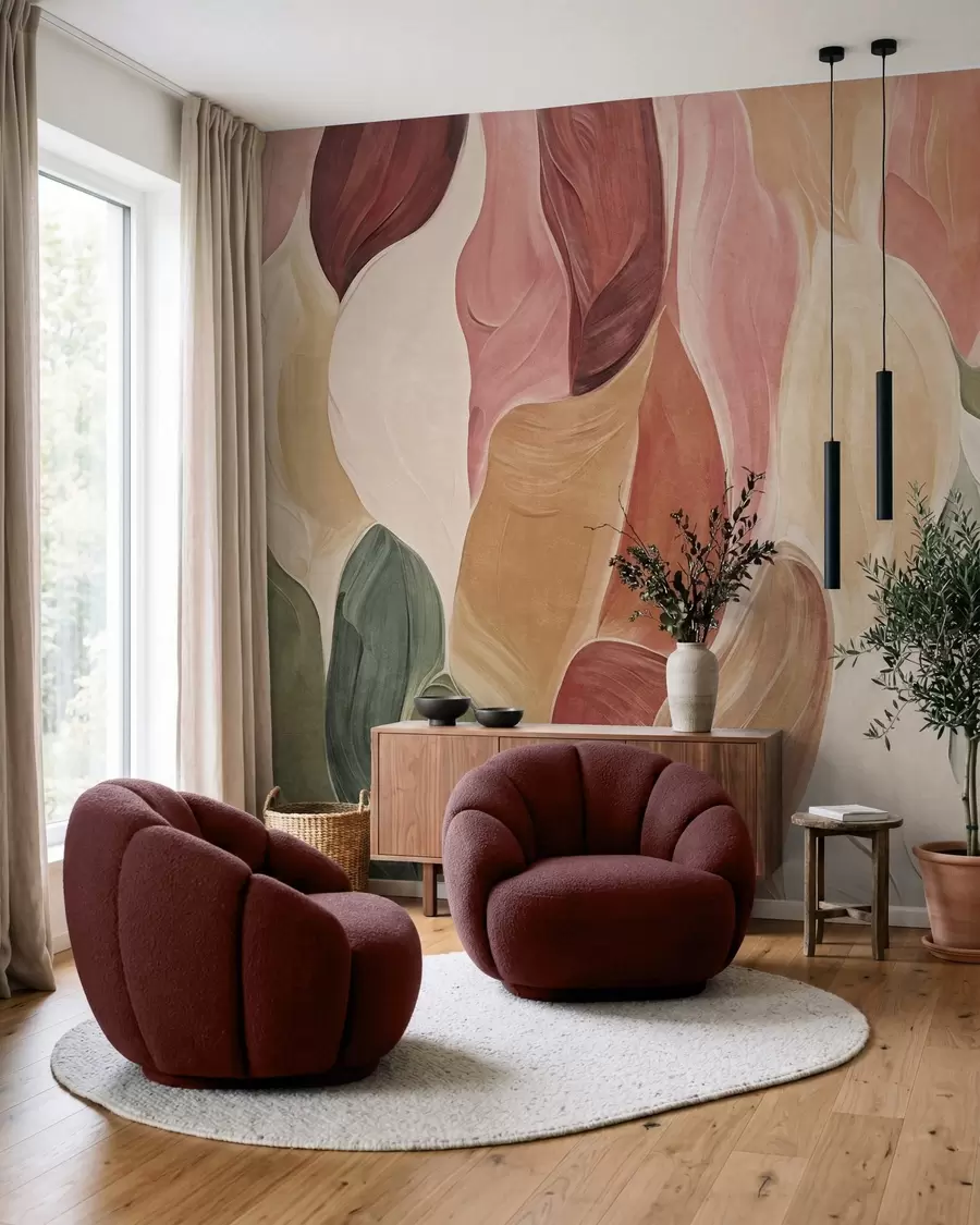 murais de parede Formas abstratas em tons suaves de rosa, pêssego e verde, com imitação de pinceladas w09908