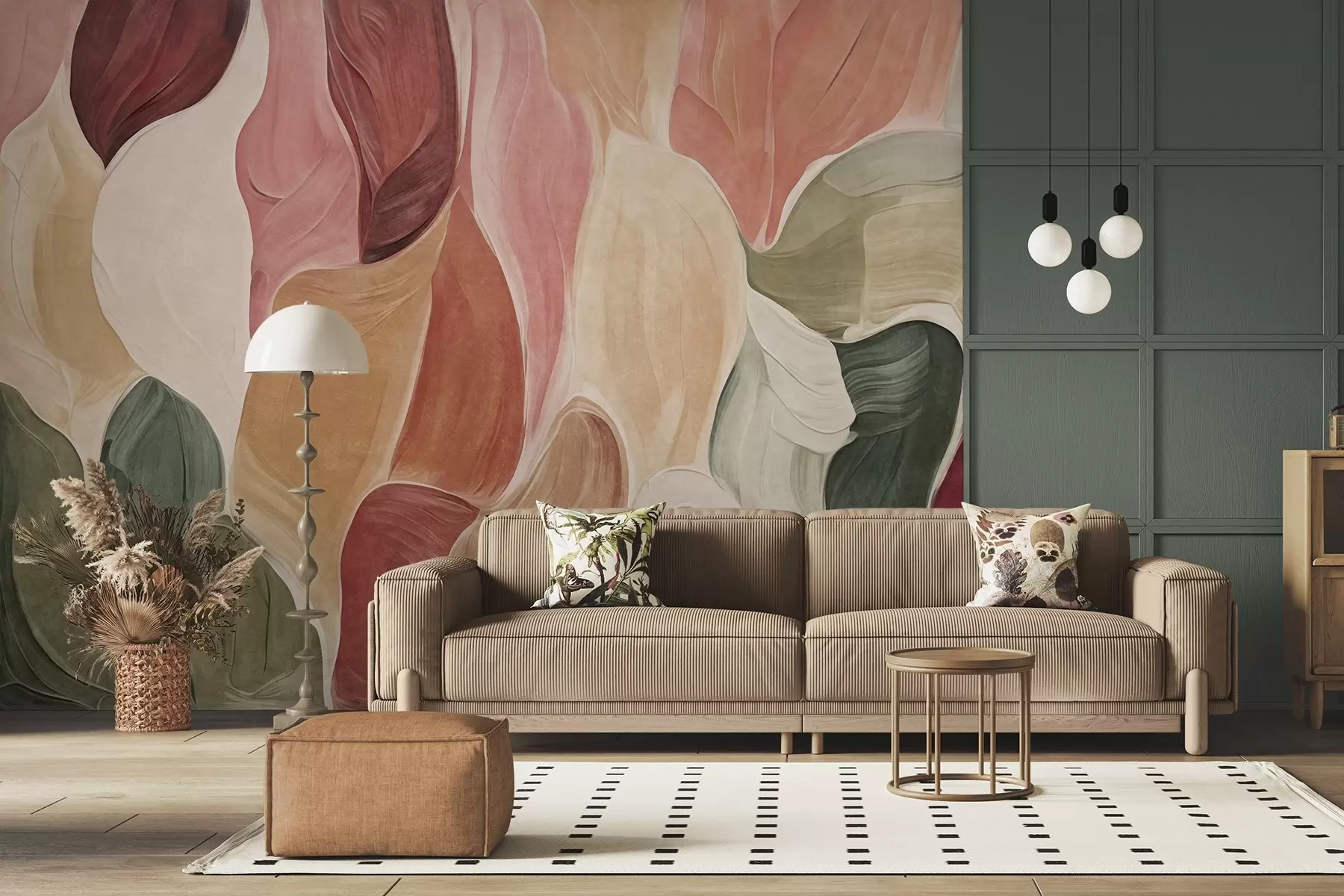 murais de parede Formas abstratas em tons suaves de rosa, pêssego e verde, com imitação de pinceladas w09908
