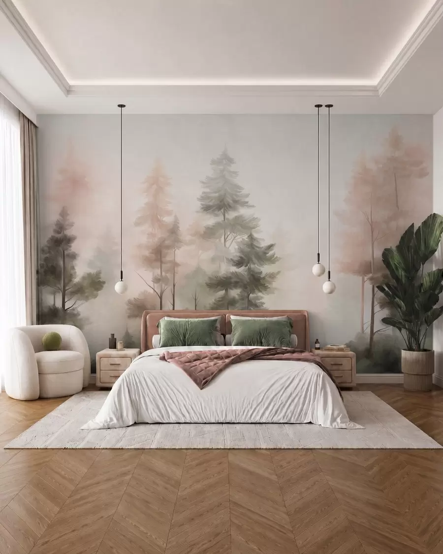murais de parede Floresta com textura, com pinheiros altos em tons de verde e rosa, envolta num nevoeiro leve e suave w09982