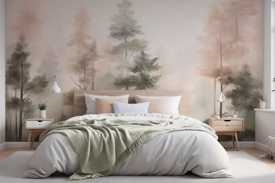 murais de parede Floresta com textura, com pinheiros altos em tons de verde e rosa, envolta num nevoeiro leve e suave w09982