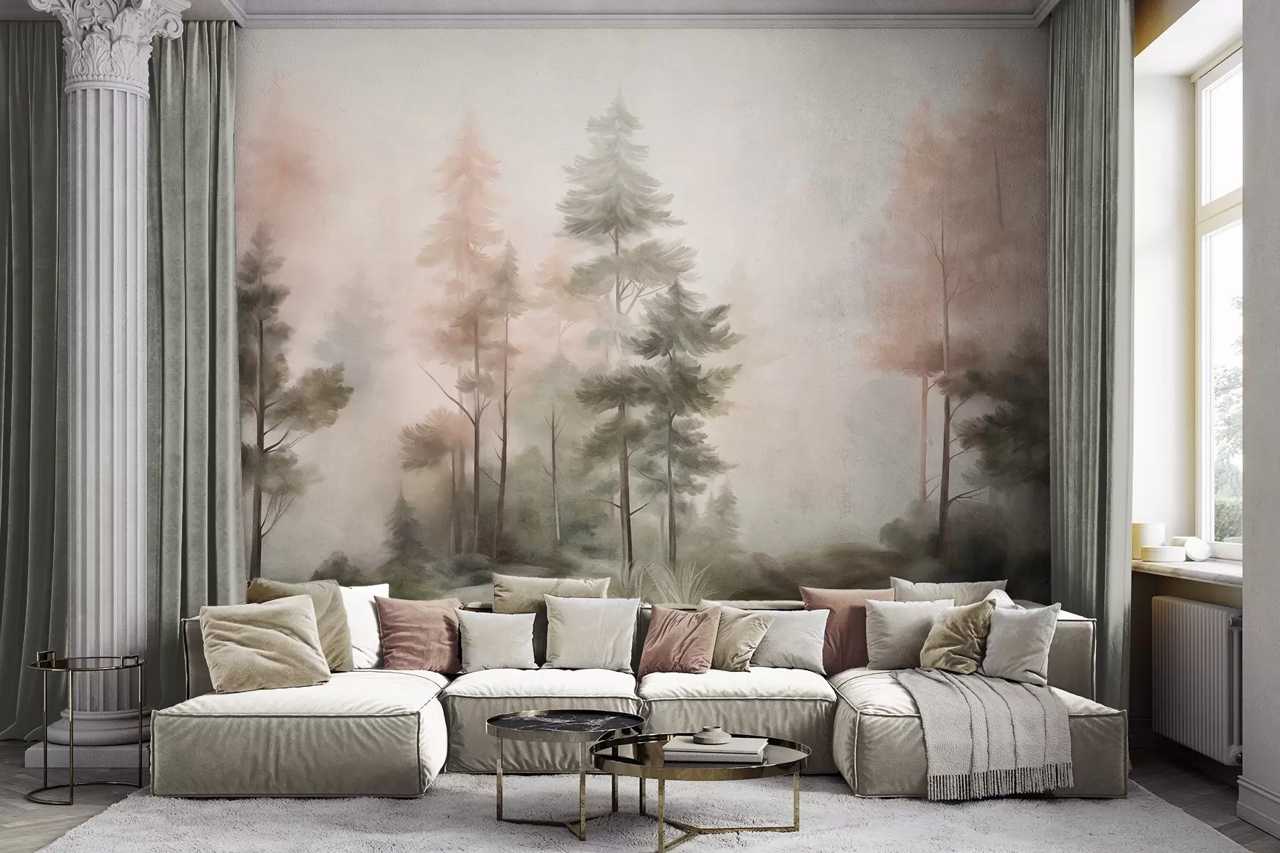 murais de parede Floresta com textura, com pinheiros altos em tons de verde e rosa, envolta num nevoeiro leve e suave w09982