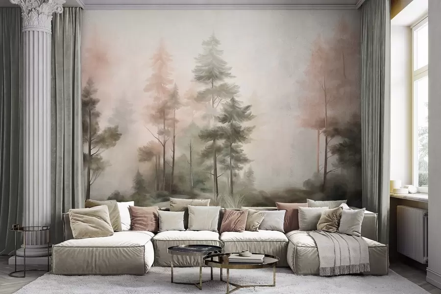 murais de parede Floresta com textura, com pinheiros altos em tons de verde e rosa, envolta num nevoeiro leve e suave w09982
