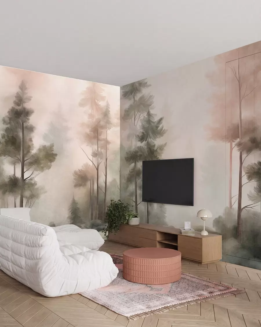 murais de parede Floresta com textura, com pinheiros altos em tons de verde e rosa, envolta num nevoeiro leve e suave w09982