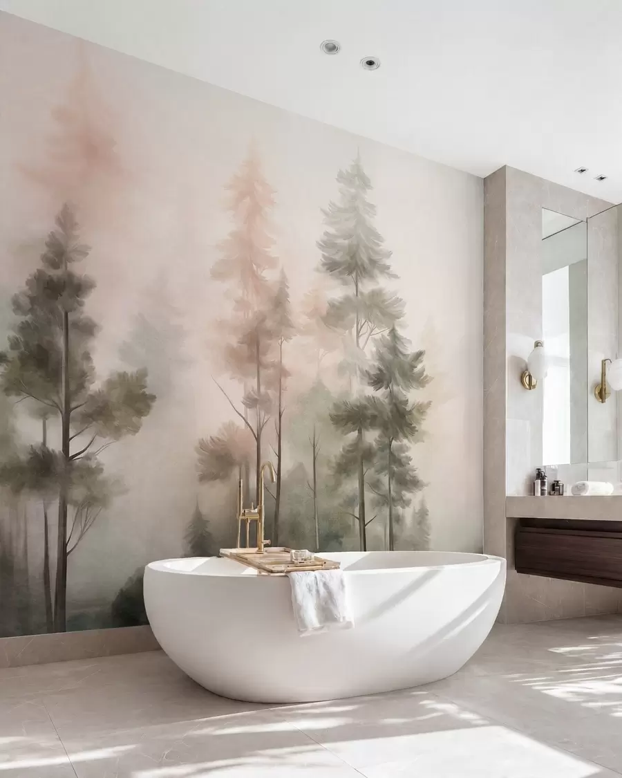 murais de parede Floresta com textura, com pinheiros altos em tons de verde e rosa, envolta num nevoeiro leve e suave w09982