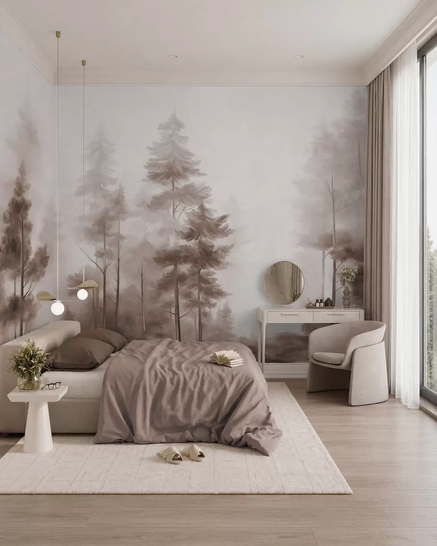 murais de parede Floresta com textura, com pinheiros altos em tons de castanho, envolta num nevoeiro leve e suave w09982v1
