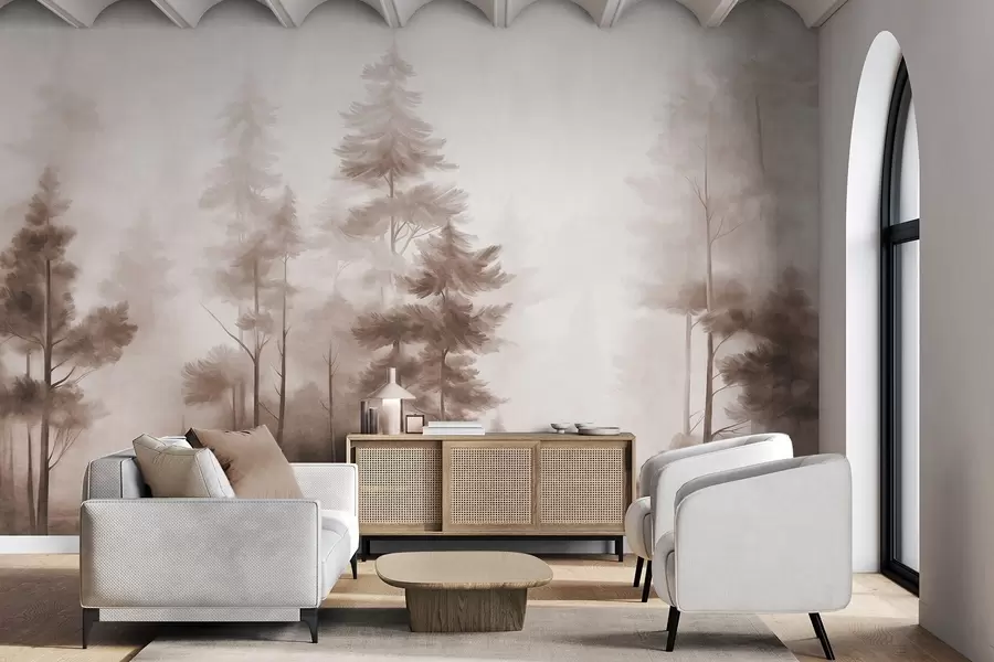 murais de parede Floresta com textura, com pinheiros altos em tons de castanho, envolta num nevoeiro leve e suave w09982v1