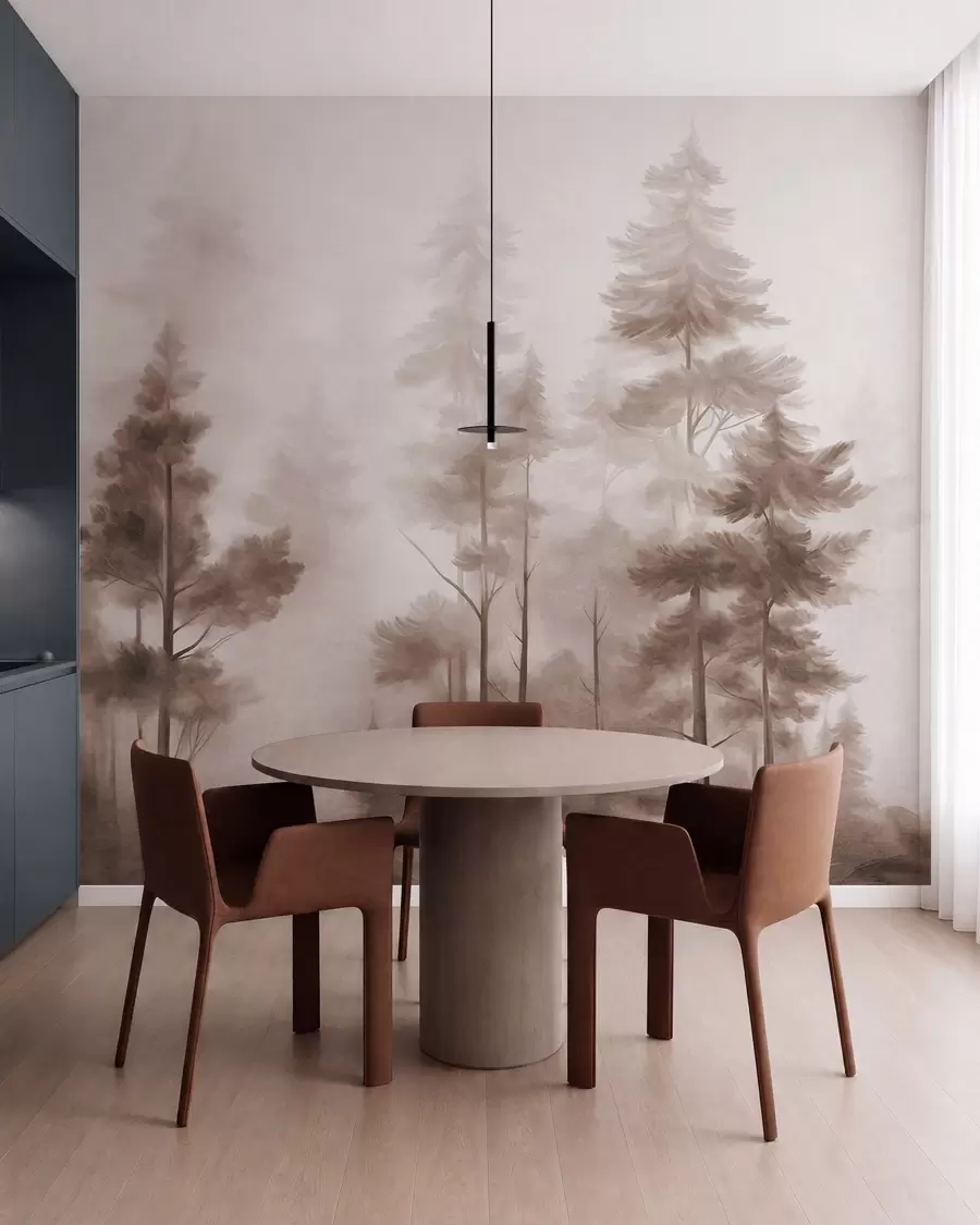 murais de parede Floresta com textura, com pinheiros altos em tons de castanho, envolta num nevoeiro leve e suave w09982v1