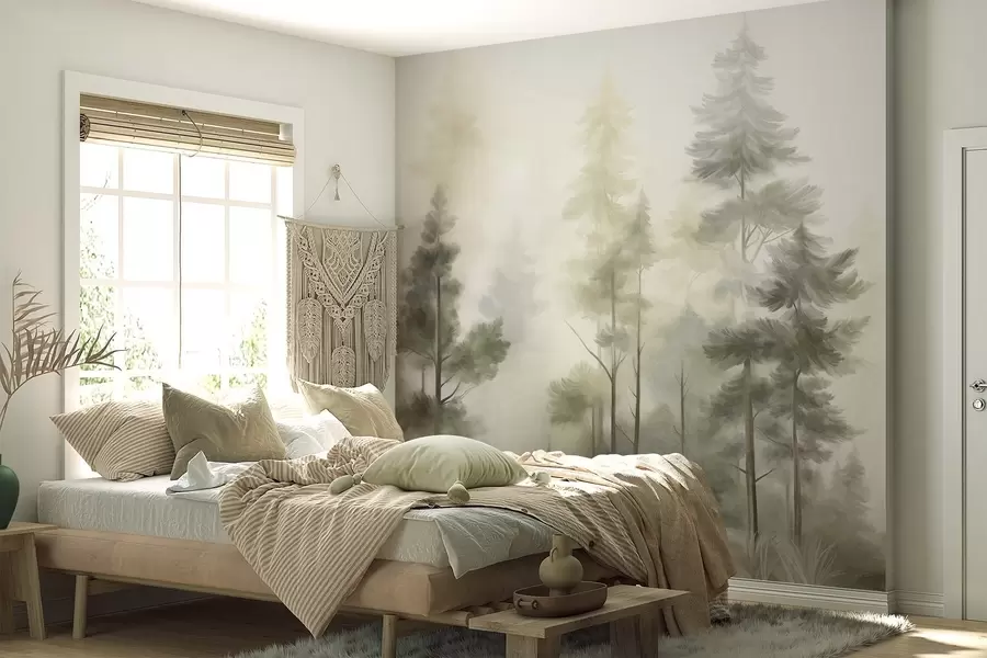 murais de parede Floresta com textura, com pinheiros altos em tons de verde e amarelo, envolta num nevoeiro leve w09982v2