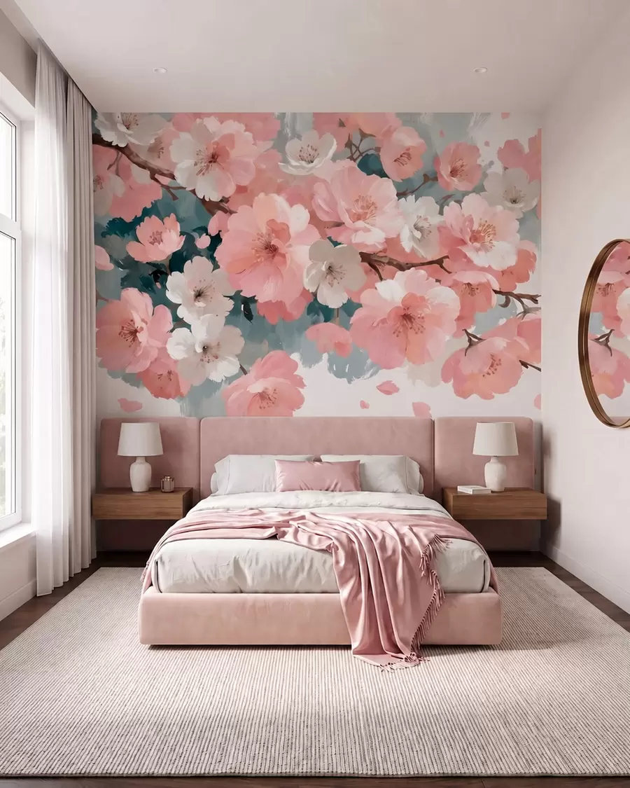 murais de parede Flores de cerejeira em flor, com flores cor-de-rosa e brancas, em estilo de pintura a óleo w09912