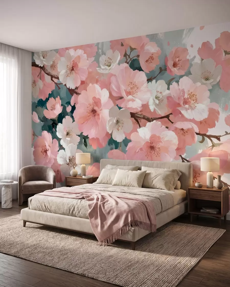 murais de parede Flores de cerejeira em flor, com flores cor-de-rosa e brancas, em estilo de pintura a óleo w09912