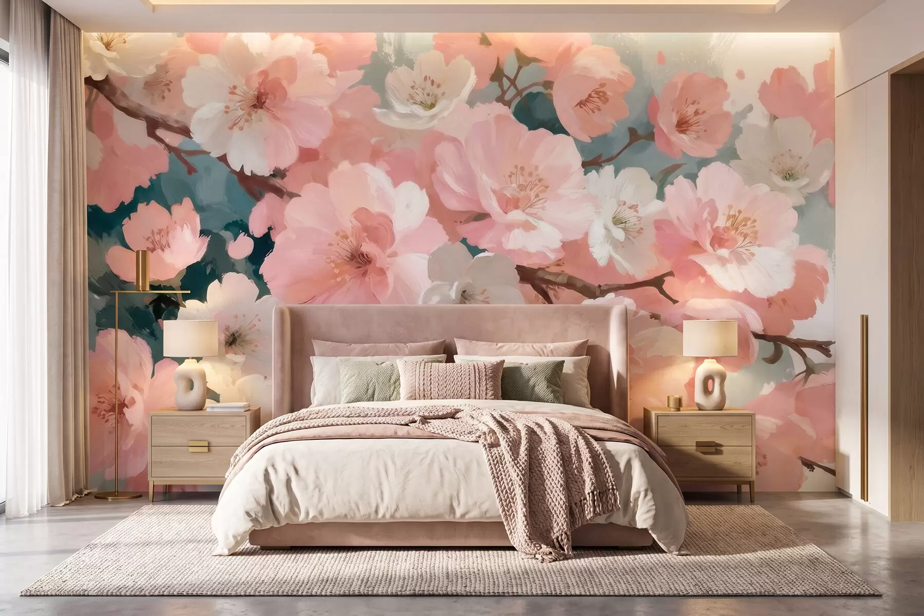 murais de parede Flores de cerejeira em flor, com flores cor-de-rosa e brancas, em estilo de pintura a óleo w09912