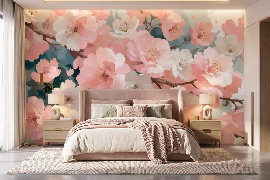 murais de parede Flores de cerejeira em flor, com flores cor-de-rosa e brancas, em estilo de pintura a óleo w09912