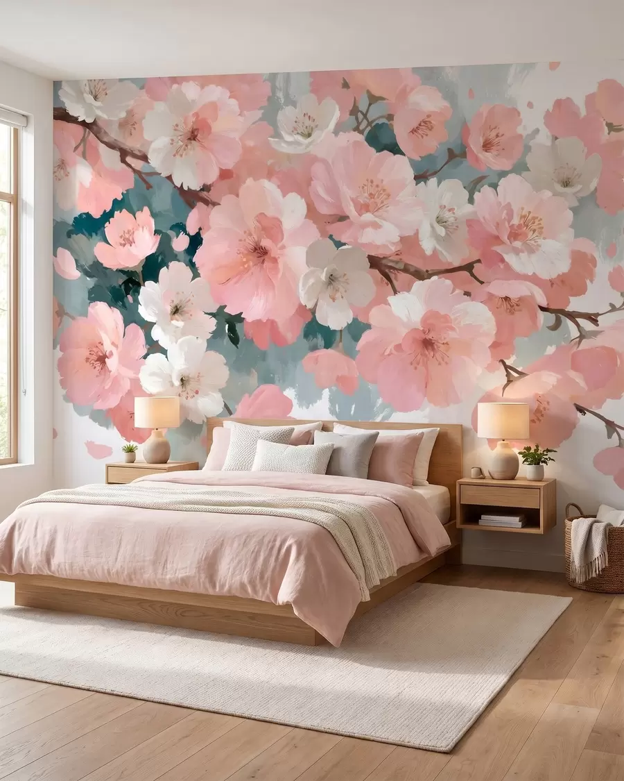 murais de parede Flores de cerejeira em flor, com flores cor-de-rosa e brancas, em estilo de pintura a óleo w09912