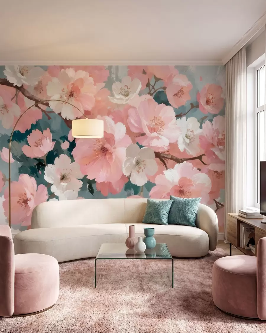 murais de parede Flores de cerejeira em flor, com flores cor-de-rosa e brancas, em estilo de pintura a óleo w09912