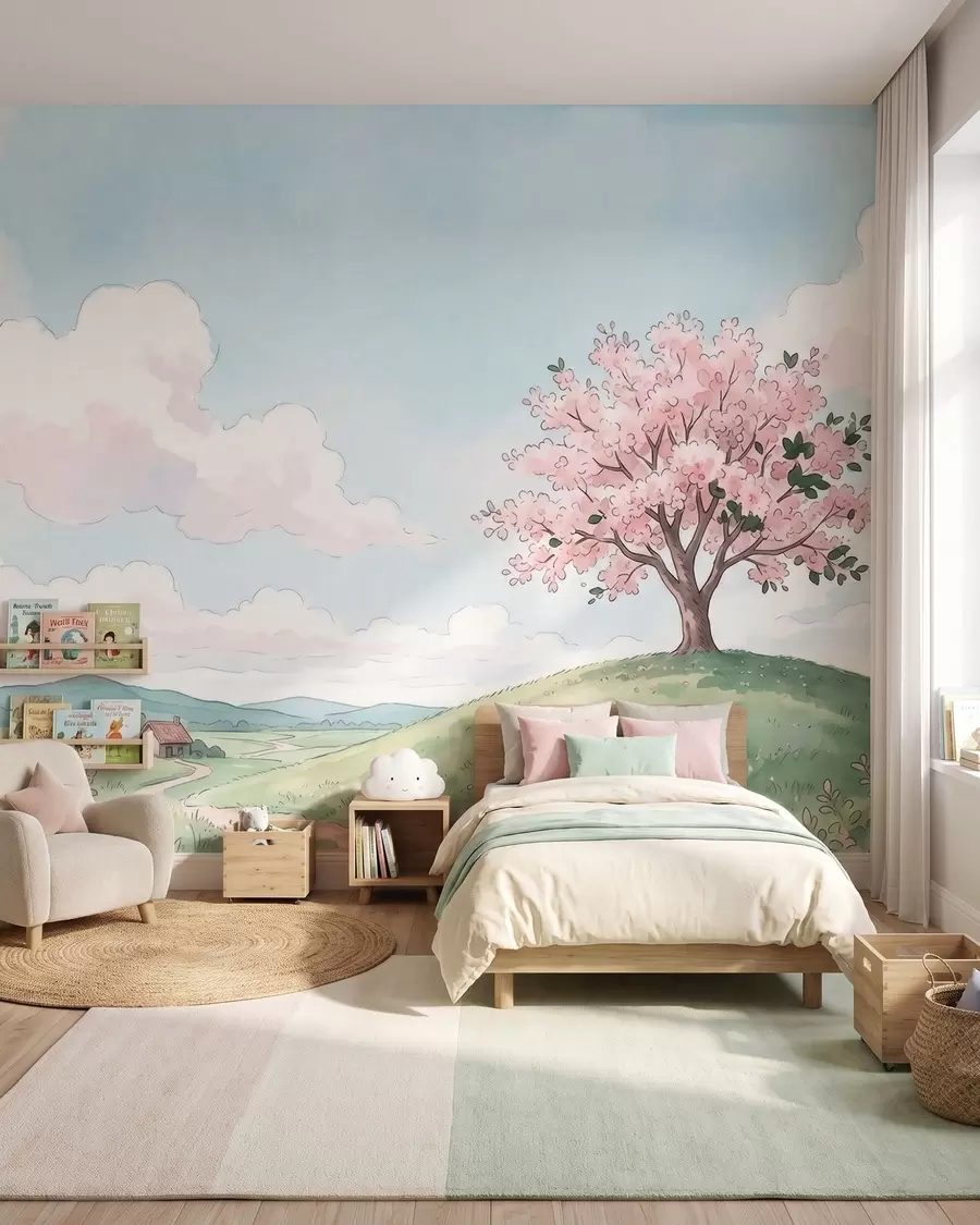 murais de parede Árvore em flor numa colina verdejante com uma cabana ao longe, paisagem em estilo aquarela w09954