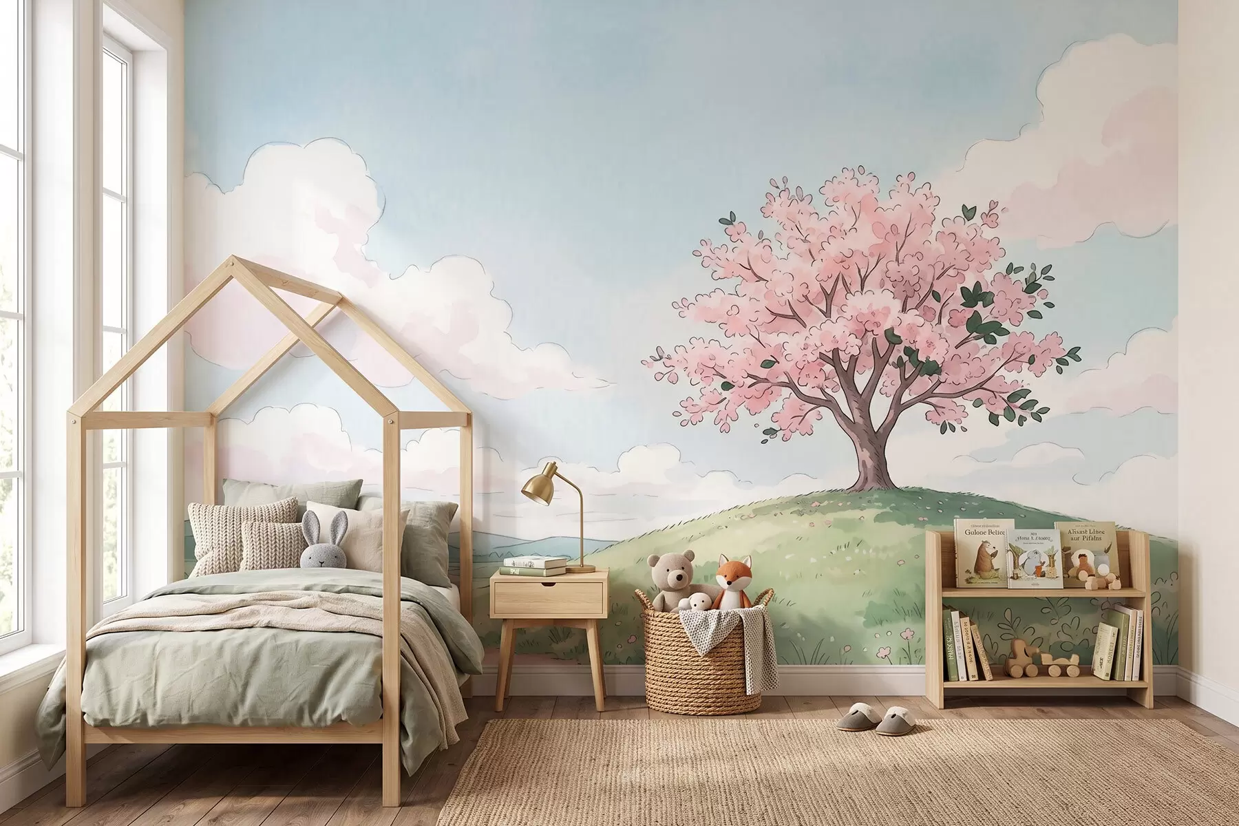 murais de parede Árvore em flor numa colina verdejante com uma cabana ao longe, paisagem em estilo aquarela w09954