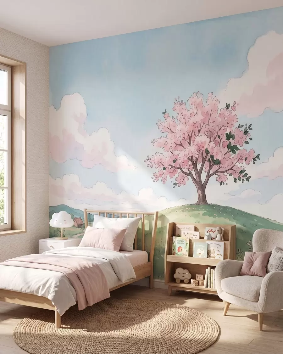 murais de parede Árvore em flor numa colina verdejante com uma cabana ao longe, paisagem em estilo aquarela w09954