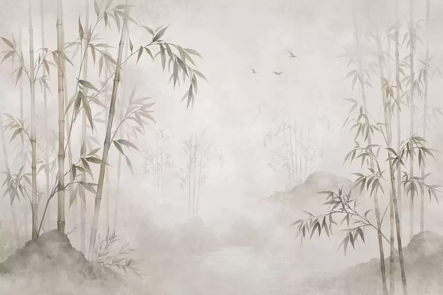 murais de parede Um bosque de bambu envolto em neblina junto a águas calmas w05732
