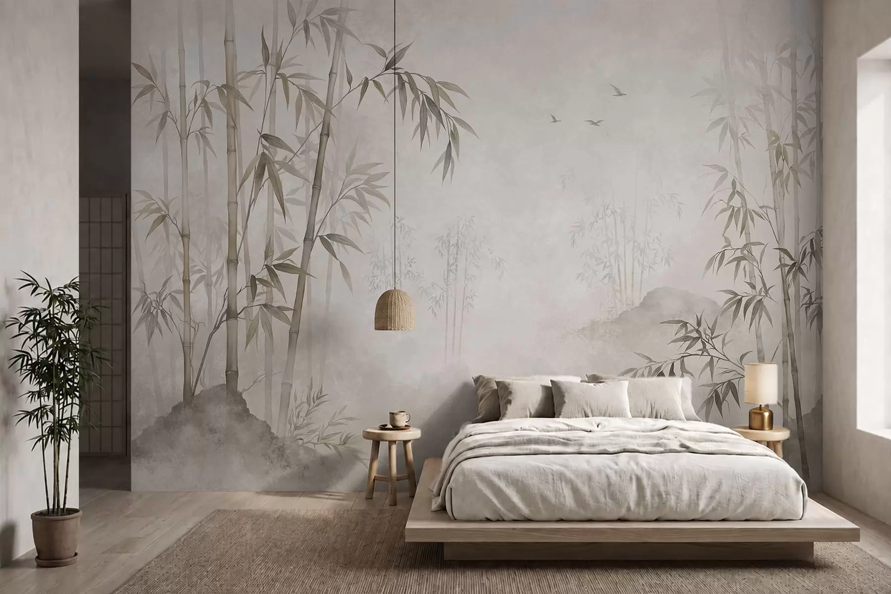 murais de parede Um bosque de bambu envolto em neblina junto a águas calmas w05732