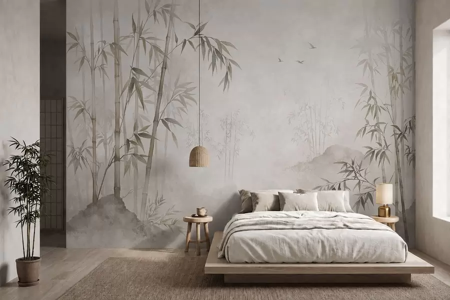 murais de parede Um bosque de bambu envolto em neblina junto a águas calmas w05732