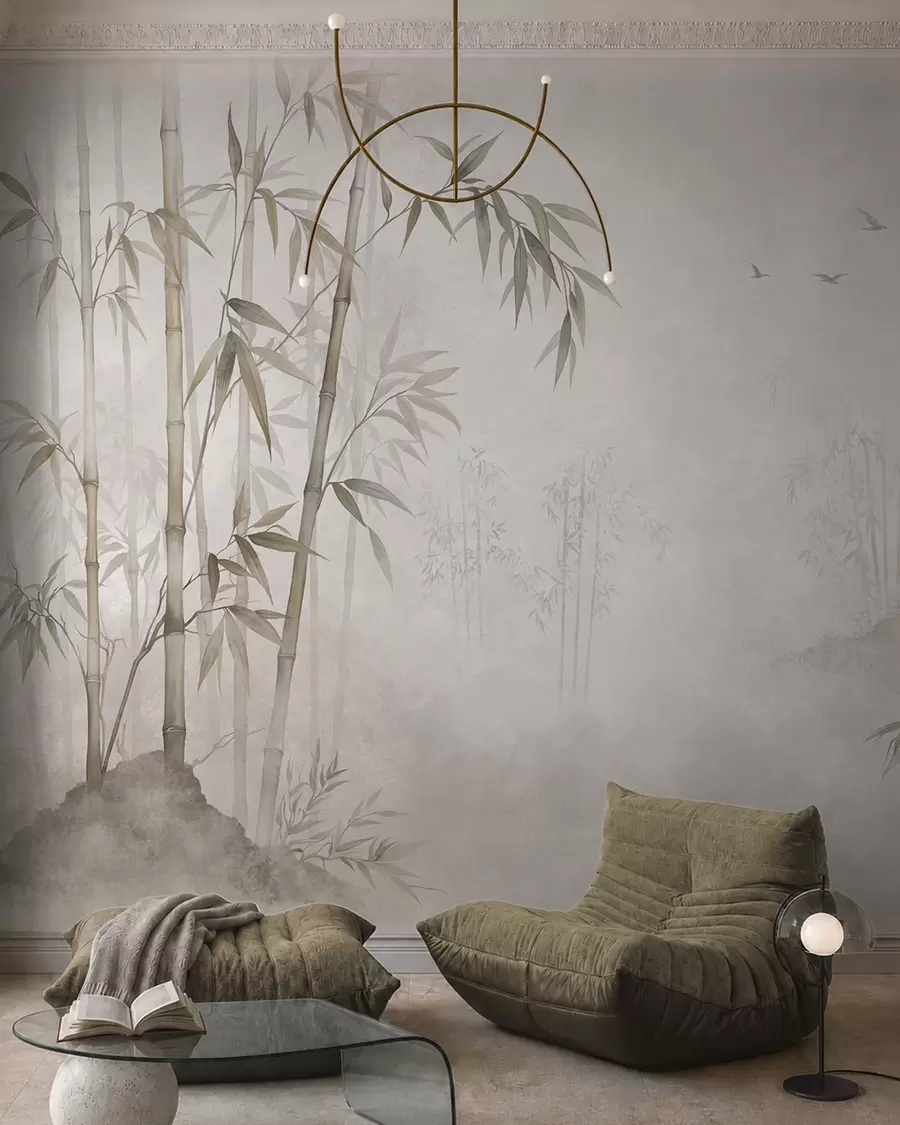 murais de parede Um bosque de bambu envolto em neblina junto a águas calmas w05732