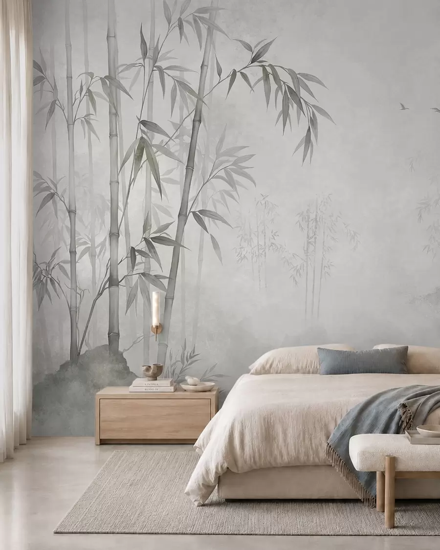 murais de parede Um bosque de bambu monocromático e envolto em neblina junto a águas tranquilas w05732v1