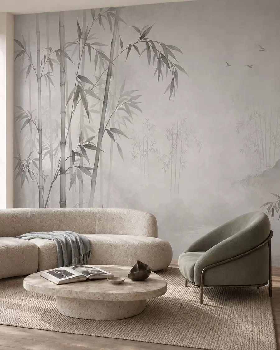 murais de parede Um bosque de bambu monocromático e envolto em neblina junto a águas tranquilas w05732v1
