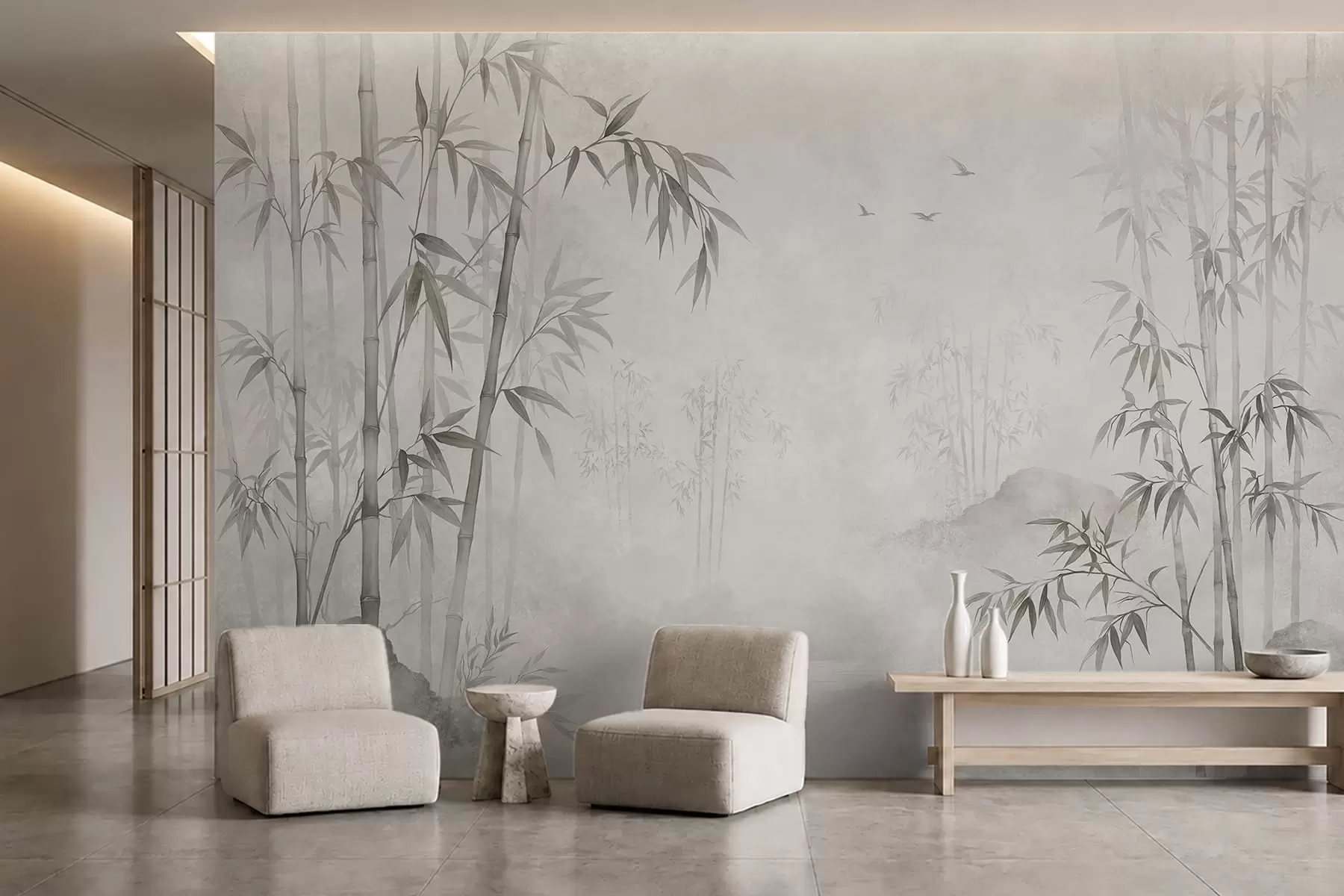 murais de parede Um bosque de bambu monocromático e envolto em neblina junto a águas tranquilas w05732v1