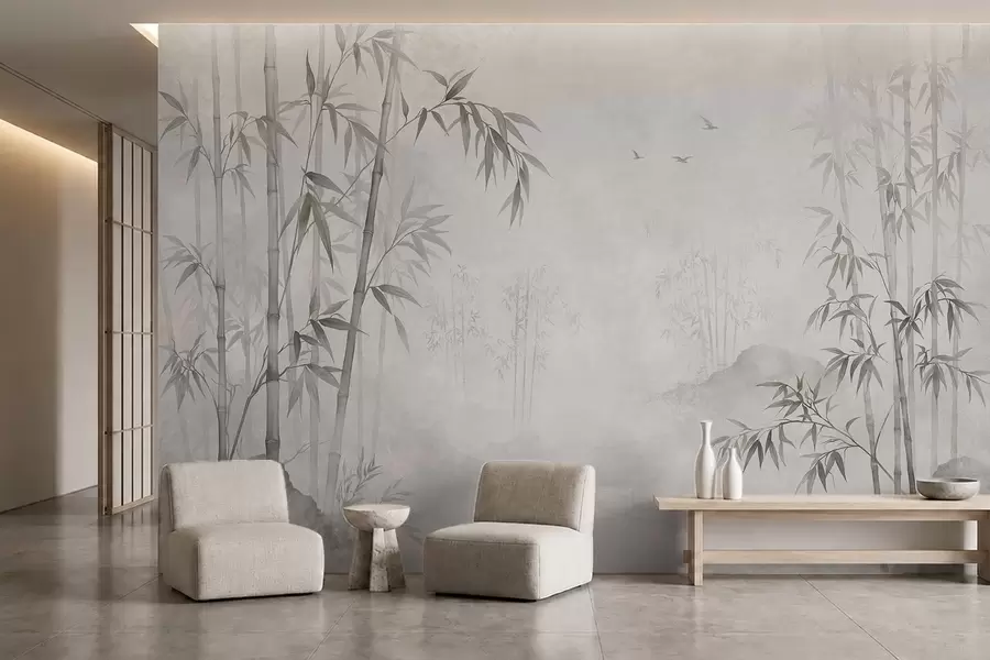 murais de parede Um bosque de bambu monocromático e envolto em neblina junto a águas tranquilas w05732v1