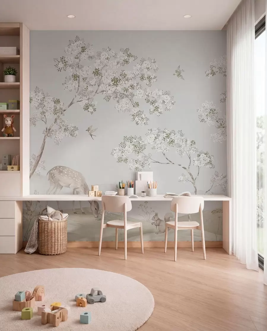 murais de parede Árvores em flor com um veado, uma lebre e um esquilo em tons de azul w05809v1