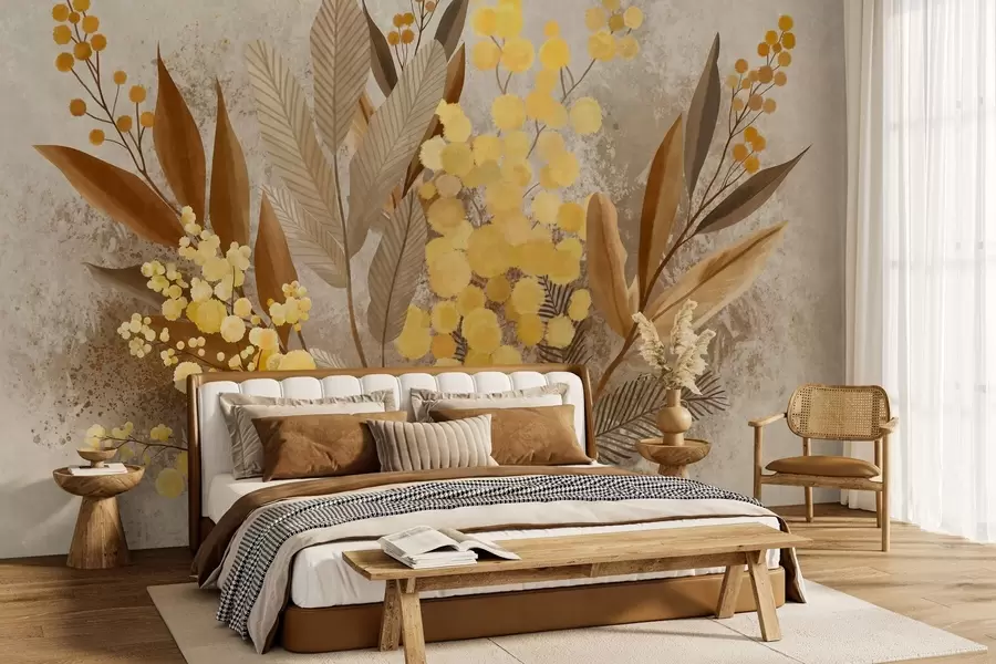 murais de parede Ramos de mimosa pintados e um herbário em tons quentes w05659