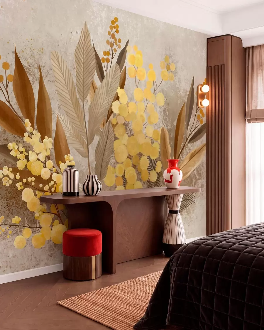 murais de parede Ramos de mimosa pintados e um herbário em tons quentes w05659