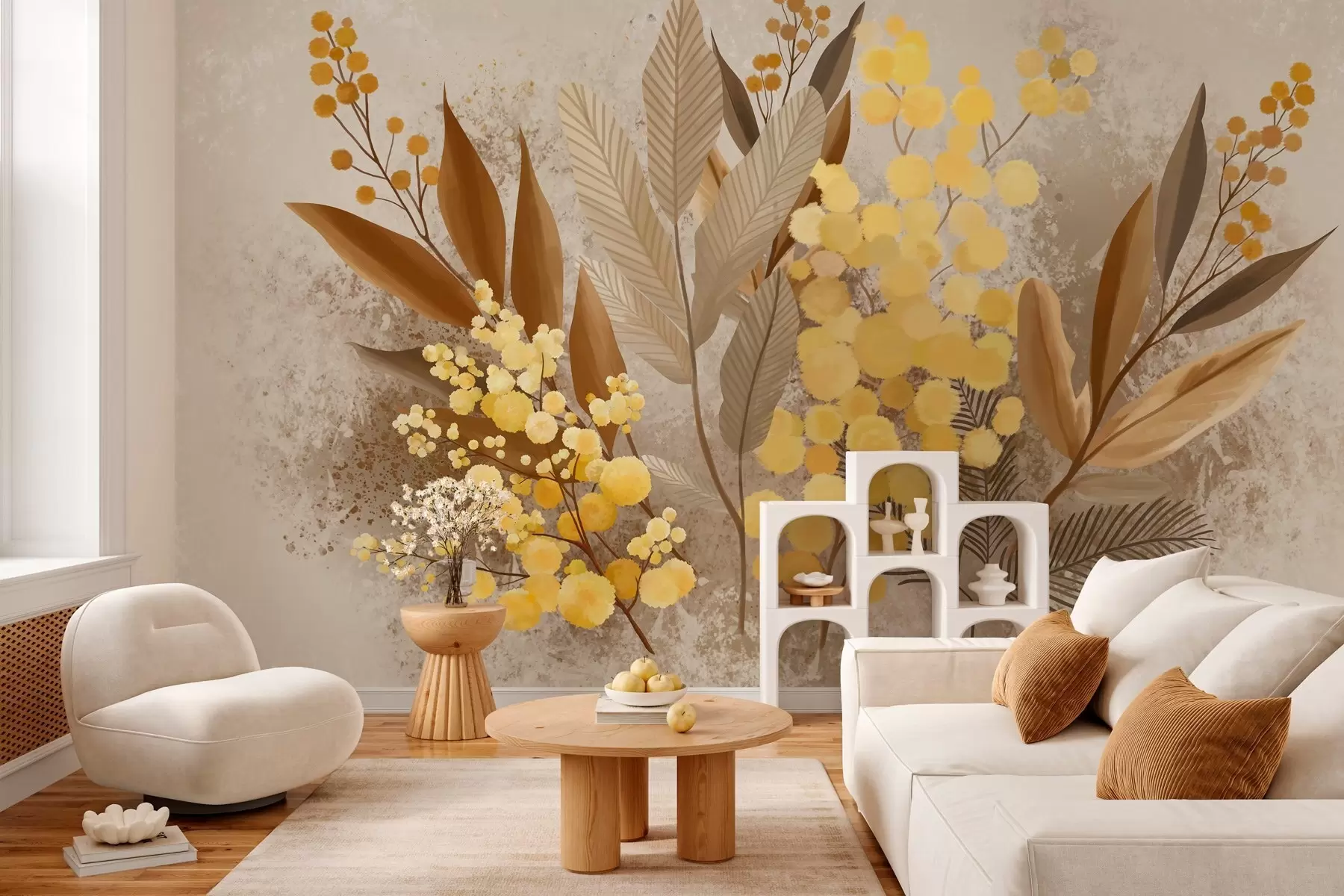 murais de parede Ramos de mimosa pintados e um herbário em tons quentes w05659