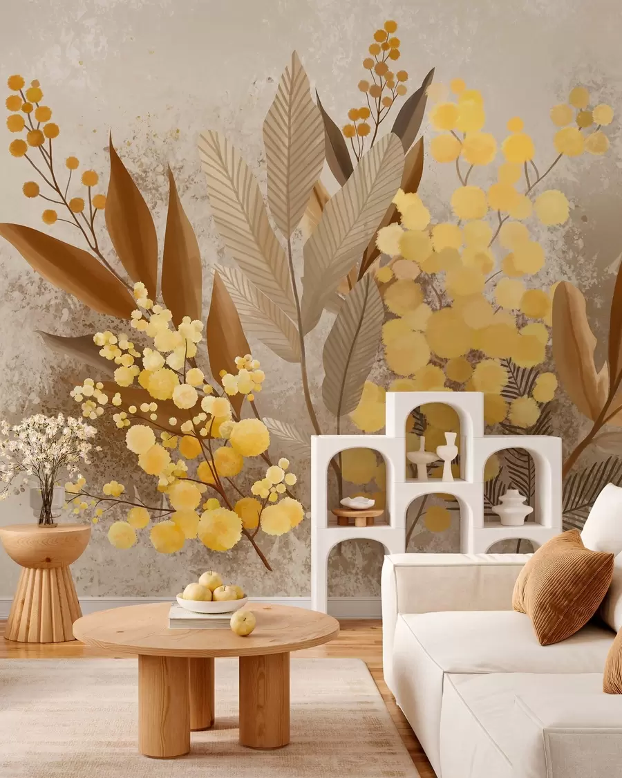 murais de parede Ramos de mimosa pintados e um herbário em tons quentes w05659