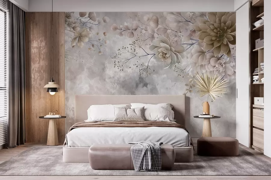 murais de parede Flores fantásticas num estilo retro na imagem acima, em tons de bege e castanho w05753