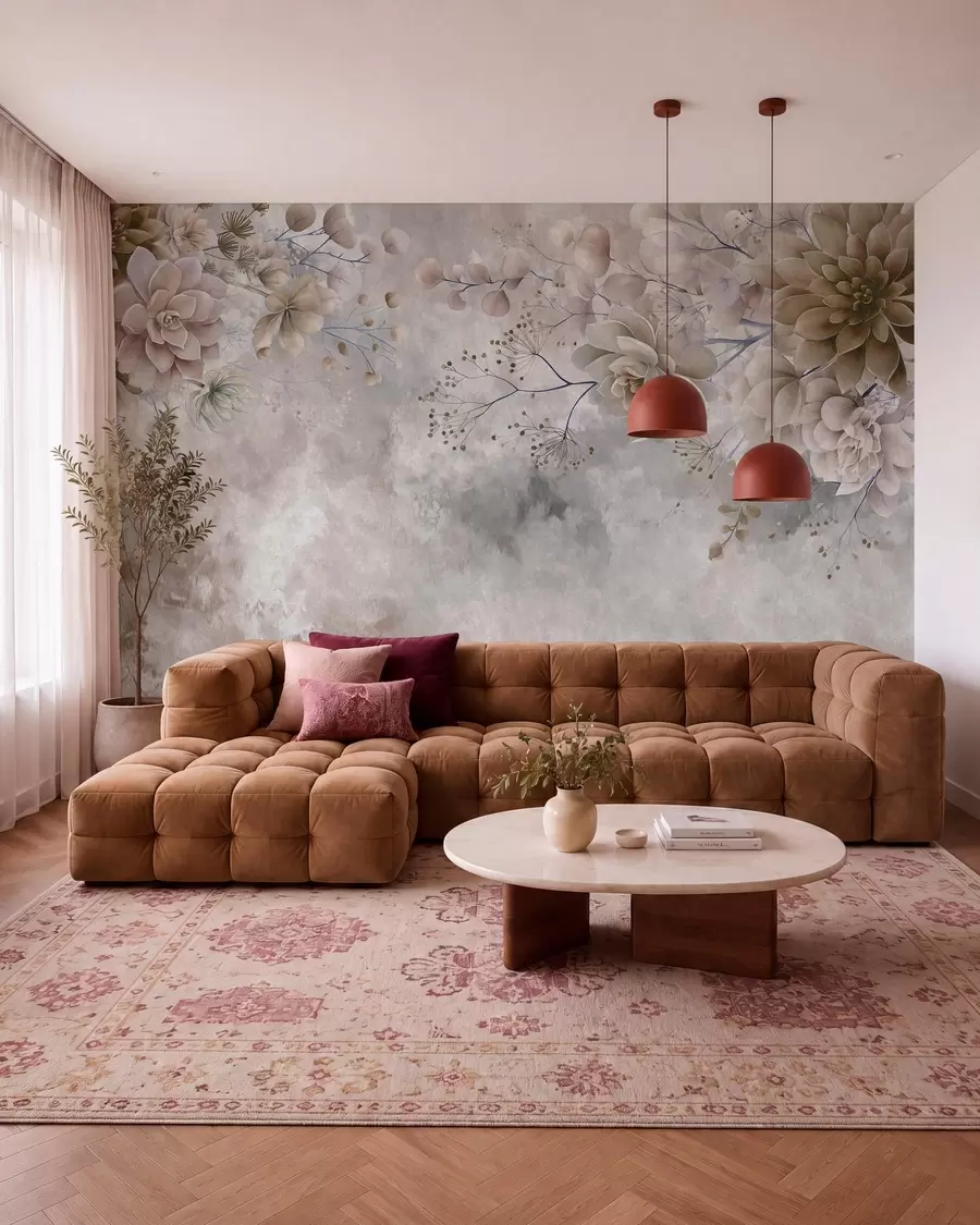 murais de parede Flores fantásticas num estilo retro na imagem acima, em tons de bege e castanho w05753