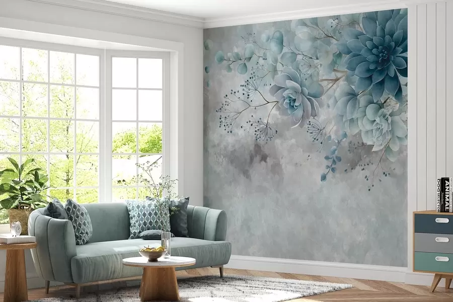 murais de parede Uma vista de cima para baixo de flores fantásticas de estilo retro, em tons de azul e turquesa w05753v1