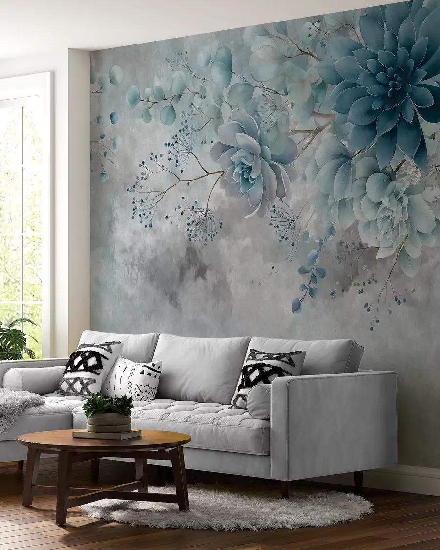 murais de parede Uma vista de cima para baixo de flores fantásticas de estilo retro, em tons de azul e turquesa w05753v1