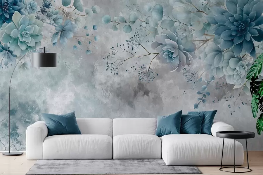 murais de parede Uma vista de cima para baixo de flores fantásticas de estilo retro, em tons de azul e turquesa w05753v1