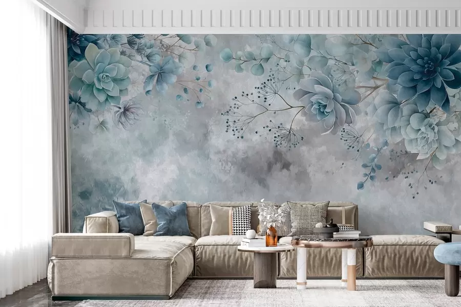 murais de parede Uma vista de cima para baixo de flores fantásticas de estilo retro, em tons de azul e turquesa w05753v1