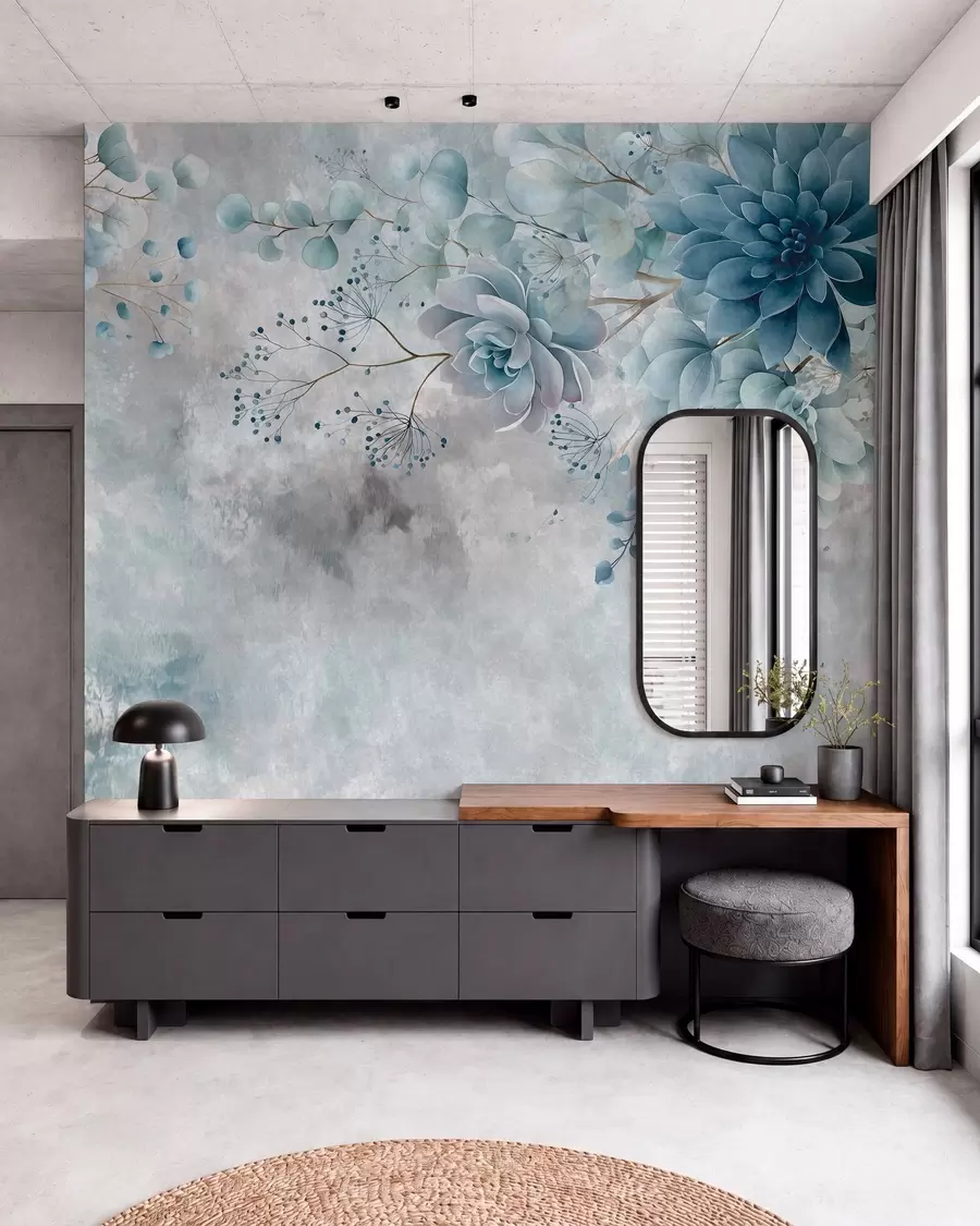 murais de parede Uma vista de cima para baixo de flores fantásticas de estilo retro, em tons de azul e turquesa w05753v1