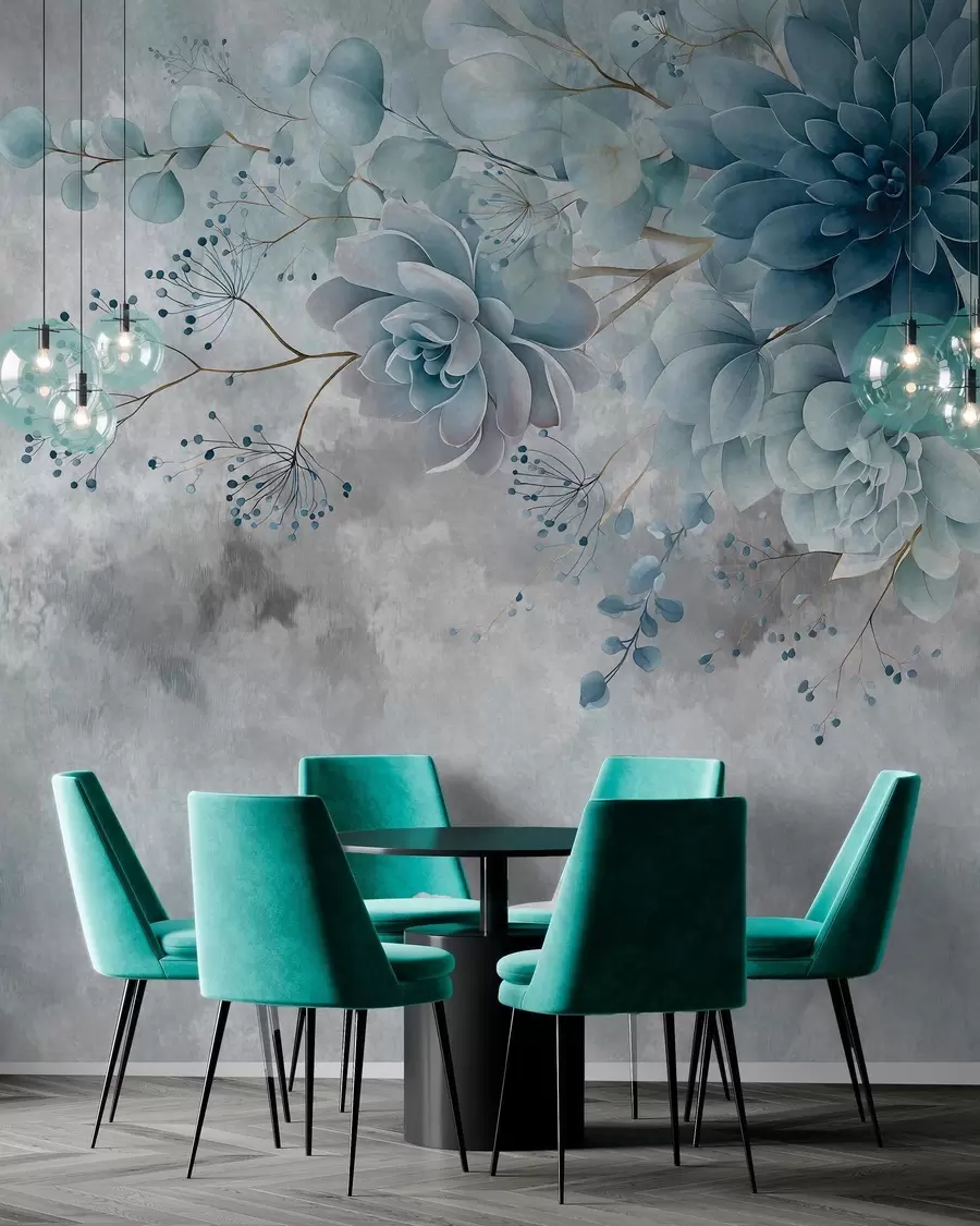 murais de parede Uma vista de cima para baixo de flores fantásticas de estilo retro, em tons de azul e turquesa w05753v1