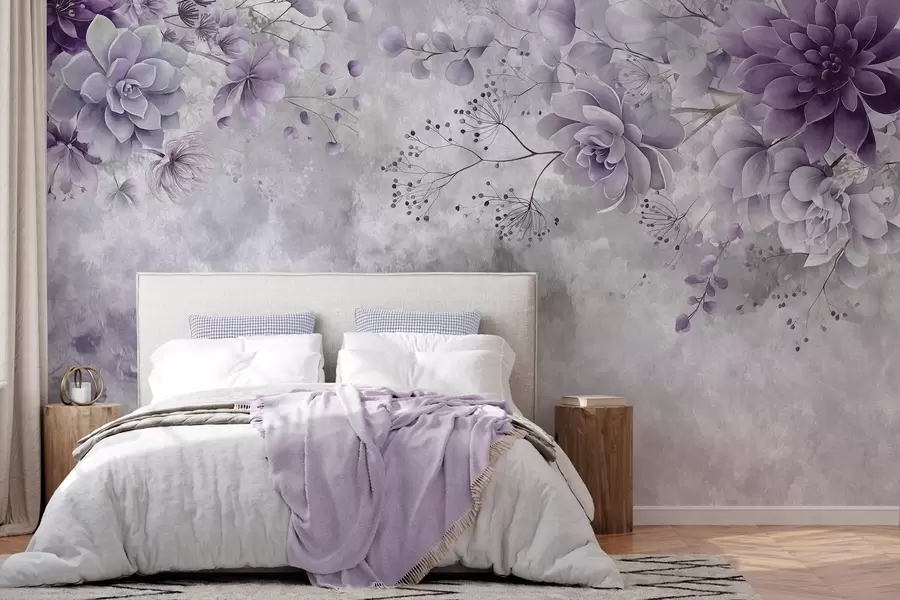 murais de parede Uma vista de cima para baixo de flores fantásticas de estilo retro, em tons de roxo w05753v2