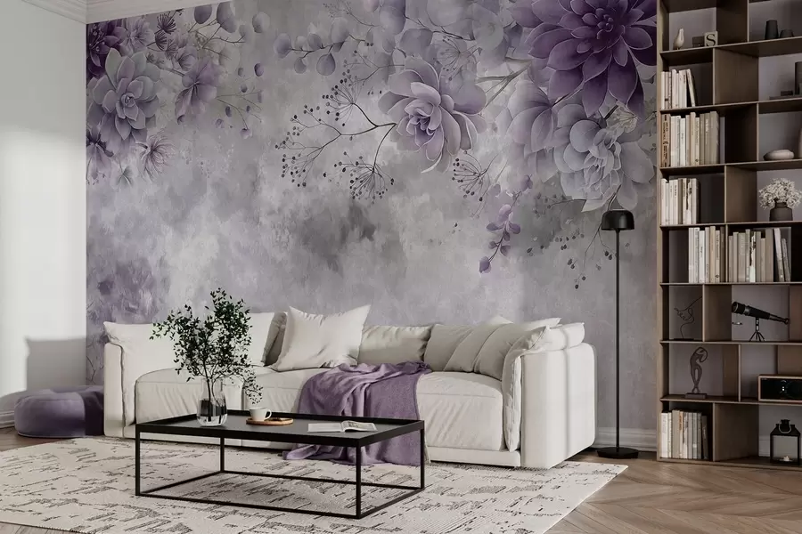 murais de parede Uma vista de cima para baixo de flores fantásticas de estilo retro, em tons de roxo w05753v2