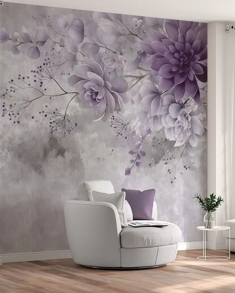 murais de parede Uma vista de cima para baixo de flores fantásticas de estilo retro, em tons de roxo w05753v2