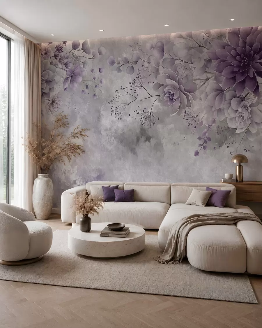 murais de parede Uma vista de cima para baixo de flores fantásticas de estilo retro, em tons de roxo w05753v2
