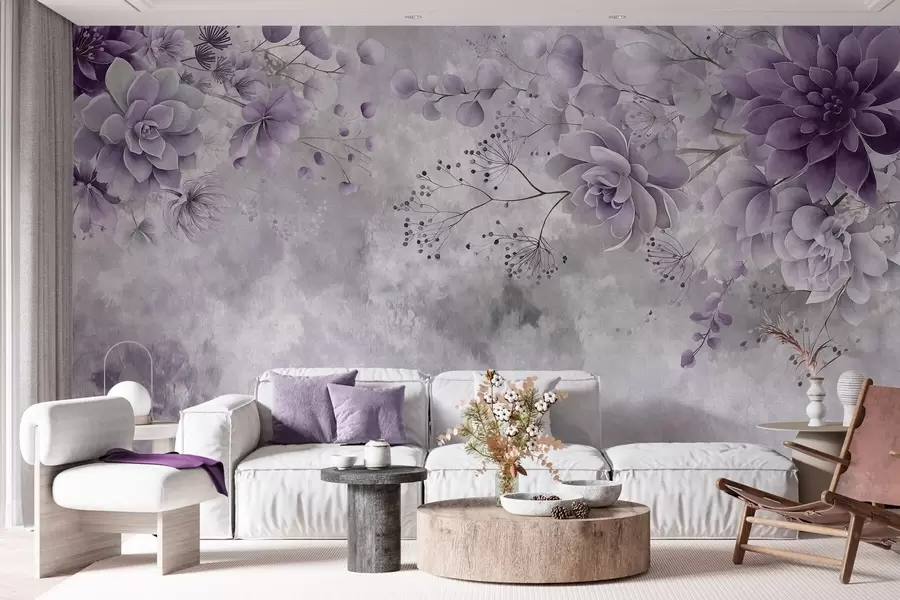 murais de parede Uma vista de cima para baixo de flores fantásticas de estilo retro, em tons de roxo w05753v2