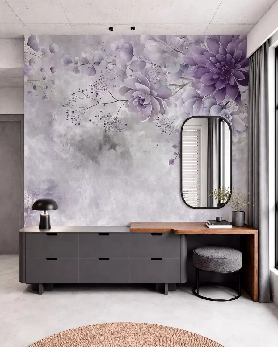 murais de parede Uma vista de cima para baixo de flores fantásticas de estilo retro, em tons de roxo w05753v2