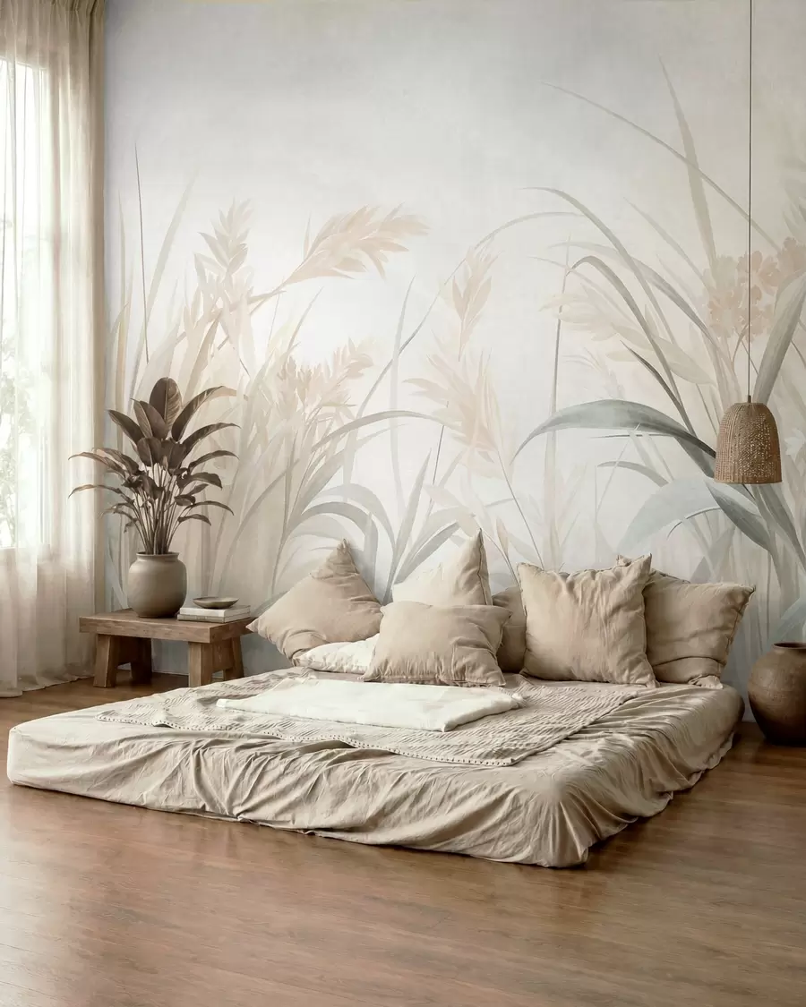 murais de parede Ervas altas e finas e juncos em tons suaves e discretos de bege, creme e verde, com textura w09981