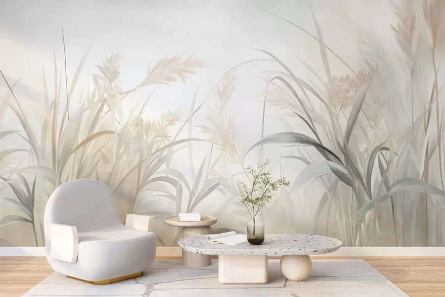 murais de parede Ervas altas e finas e juncos em tons suaves e discretos de bege, creme e verde, com textura w09981